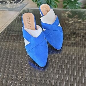 Journee Collection Blue and White Crisscross Mules